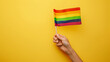hand waiving rainbow flag against yellows  color background