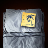 Fototapeta Panele - Sleep Vacation and rest tourism as a holiday for resting and relaxation in a bed with a pillow as a restful retreat reminder symbol for health as a travel reminder note