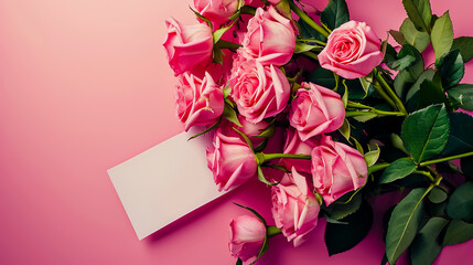 Wall Mural - Bouquet of beautiful fresh roses with a card on pink background, top view.