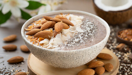 Food Photography - Smoothie Bowl topped with Almonds, Coconut, and Chia Seeds