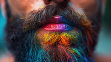 Lifestyle Fashion Lgbtq Concept. Young Gay Man With Makeup In Bright Rainbow Color Paint Lips With Lipstick 