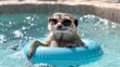  Meerkat in sunglasses on blue raft in pool, water splashes