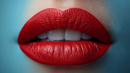  A woman's mouth, close-up, with bright red lipstick on her lips against a light blue background