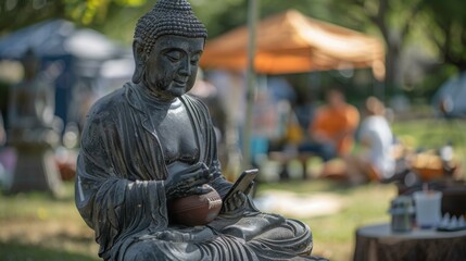 Wall Mural - A statue of a buddha statue sitting on a bench with a cell phone. Generative AI.