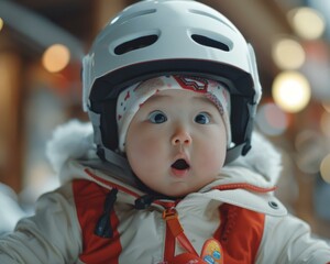 Canvas Print - A baby wearing a helmet and jacket with a surprised look on its face. Generative AI.