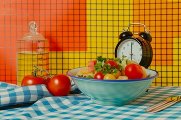 Wall Mural - A bowl of salad with tomatoes and a clock on a table. Generative AI.