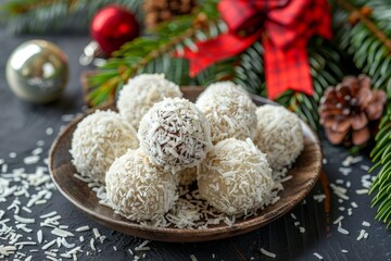 Wall Mural - Pile of coconut and chocolate balls covered in coconut shavings on a plate with fir branch around it and red bow in the background. Top view.