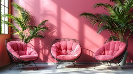  Two chairs with a potted plant on a wall behind them