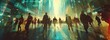 Many people are walking futuristically towards the camera in an abstract cityscape in the style of double exposure with light effects and motion blur Generative AI
