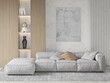 Mock up of a modern spacious living room with a large comfortable sofa and a stylish decorative background, 3D rendering.