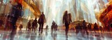 Fototapeta Londyn - A group of people dressed in modern, urban attire walking through an opulent shopping mall with skyscrapers towering above them Generative AI