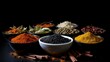 Spices Symphony - Assortment of vibrant spices and herbs in wooden bowls