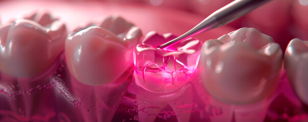 A close-up view of a dentist examining a tooth closely using a small mirror and probe. The dentist is carefully assessing the health of the tooth for any signs of decay. Banner. Copy space