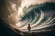 Kid standing in front of a massive wave, kid standing next to wave