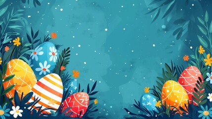 Wall Mural -  Blue background, colorful Easter eggs, flowers at bottom