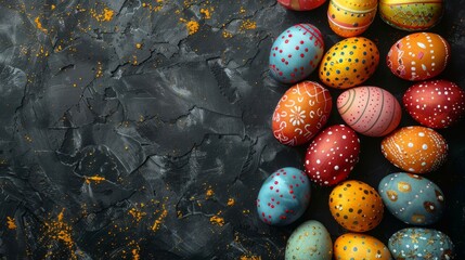 Wall Mural -  A collection of decorated eggs resting atop a dark surface, alongside orange and yellow sparkles