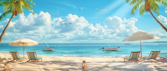 a beach scene with a few umbrellas and chairs. the sky is blue and there are a few birds flying in t