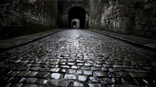 a dark alley with cobblestones and a light at the end of the tunnel at the end of the tunnel.