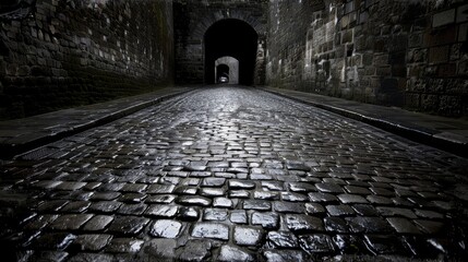 Wall Mural - a dark alley with cobblestones and a light at the end of the tunnel at the end of the tunnel.