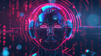 Wall Mural - Futuristic representation of a digital human face with glowing neon lines and data symbols