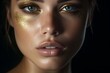 Beautiful, young glamorous face of a girl with blue eyes, golden, creative makeup with highlighting light on a black background