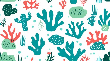 Canvas Print - a white background with a bunch of different types of plants and cacti in blue, green, red, and pink.