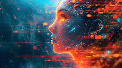Canvas Print - Artificial intelligence like young woman, face of futuristic humanoid AI robot on abstract tech background. Concept of digital technology, fire, art, science, future