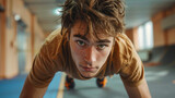 Portrait of a young man doing push-ups in a gym