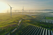 A renewable energy farm with rows of wind turbines and solar pannels