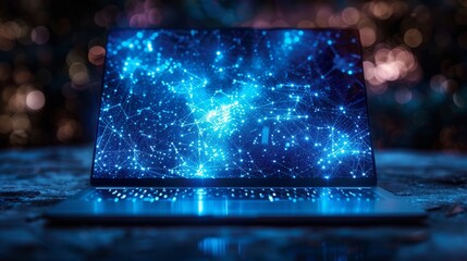 A laptop in a futuristic style. The concept of modern technologies and global networking, product promotion and online education