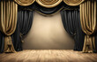 Illustration of Empty Room Theatre Stage with Black and Gold Velvet Curtains
