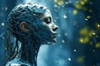 An ai humanoid robot with a youthful appearance, set against a futuristic digital backdrop, exuding a sense of advanced artificial intelligence.
