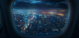 Fototapeta Perspektywa 3d - Night descends, and cityscapes create a surreal mosaic through the curved airplane window.