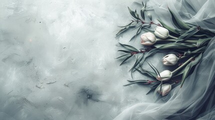 Poster - a bouquet of white tulips sitting on top of a white cloth covered table cloth on top of a gray surface.