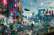 A futuristic cityscape bathed in neon lights and holograms