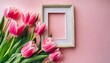 flowers composition romantic flowers pink tulips photo frame on pastel pink background wedding birthday happy woman s day mothers day valentine s day flat lay top view copy space