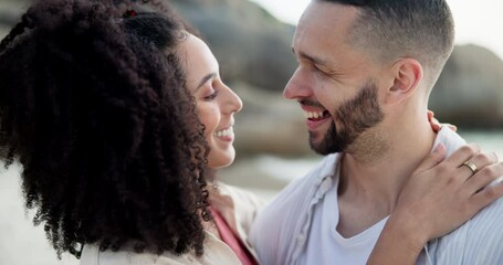 Wall Mural - Couple, beach and embrace with smile, travel and love for holiday or adventure. Man, woman and cape town vacation with ocean, nature and honeymoon at seaside with face and joy for relationship or fun