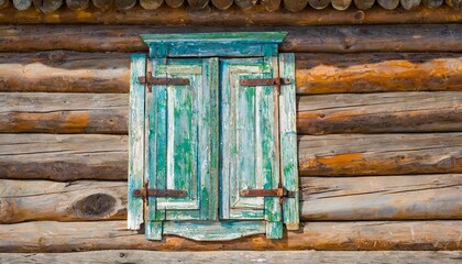 Wall Mural - window covered with painted wooden shutters on a log wall in a traditional siberian hut russia irkutsk