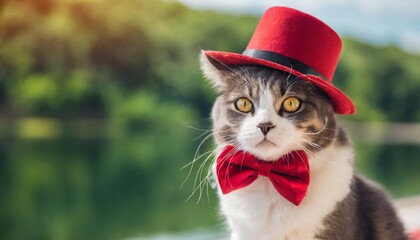 Wall Mural - stylish cat wearing fashion hat and bow tie for valentine s day party