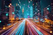 A busy city street at night is overwhelmed by a constant flow of vehicles, brightly lit by streetlights and traffic signals, Technological advancements in city infrastructure, AI Generated