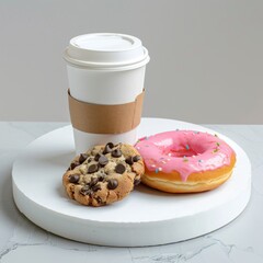 A cardboard coffee cup and two donuts are on the table