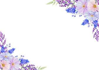 Wall Mural - Botanical flowers rectangle frame and border of spring flower and leaf. Blue and  purple  wildflowers vector illustration.