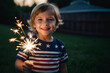 Happy child with sparkler celebrating the 4th of July, Independence Day, Memorial Day
