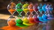 A series of hourglasses with sand in vibrant colors, flowing upwards instead of down