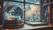 A snow globe on a desk, inside which a tiny thunderstorm is raging