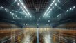 large basketball court with stands and lights on with a wooden floor in high resolution and high quality