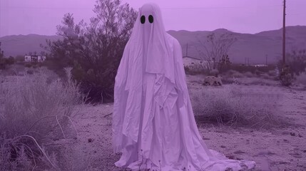 Sticker - a ghost standing in the middle of a field with a purple sky in the background and mountains in the distance.