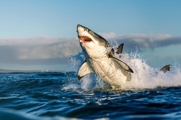 A Great White Shark Captured Mid-Launch Above the Sea, Surrounded by a Burst of Ocean Spray, With a Calm Blue Sky in the Background