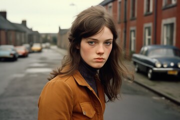 Poster - Young woman serious face on city street in 1970s