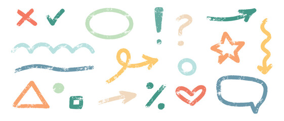 Aufkleber - Doodle simple vector element set. Hand drawn crayon star, arrows, heart, wave. Grunge texture brush modern effect isolated on white background.